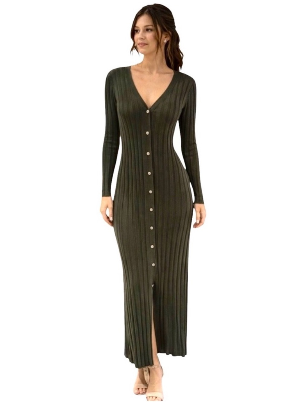 HOUSE OF HARLOW 1960 Olive Green Ribbed Button Front Maxi Dress